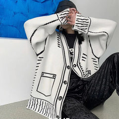 Print Graffiti Long Sleeve Knitted Cardigans Coat