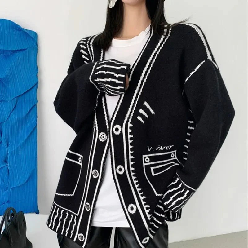 Print Graffiti Long Sleeve Knitted Cardigans Coat