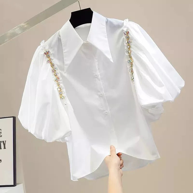 Puff Sleeve Diamond Inlaid Chain Decoration Irregular Shirt