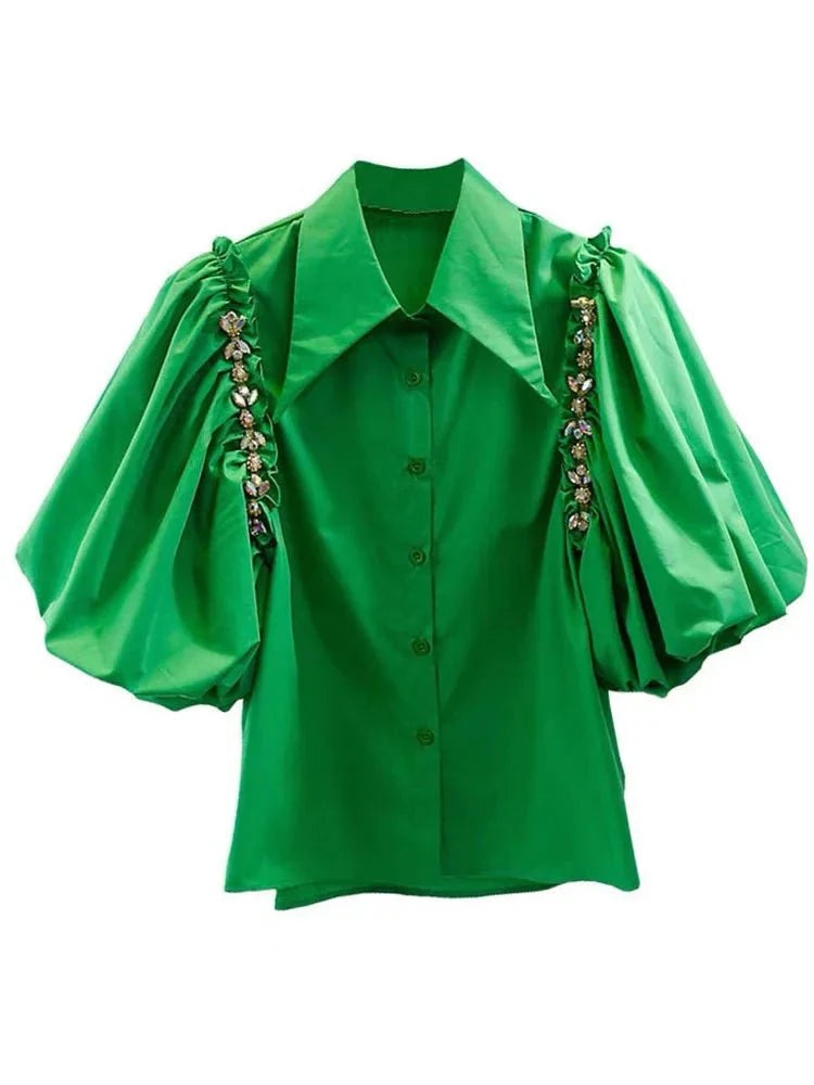 Puff Sleeve Diamond Inlaid Chain Decoration Irregular Shirt