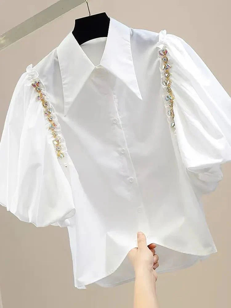 Puff Sleeve Diamond Inlaid Chain Decoration Irregular Shirt