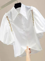 Puff Sleeve Diamond Inlaid Chain Decoration Irregular Shirt
