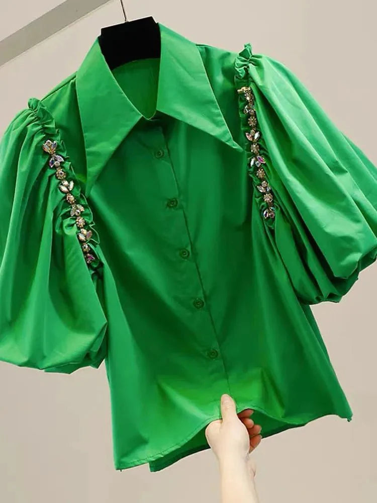 Puff Sleeve Diamond Inlaid Chain Decoration Irregular Shirt