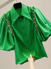 Puff Sleeve Diamond Inlaid Chain Decoration Irregular Shirt