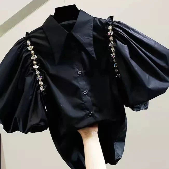 Puff Sleeve Diamond Inlaid Chain Decoration Irregular Shirt