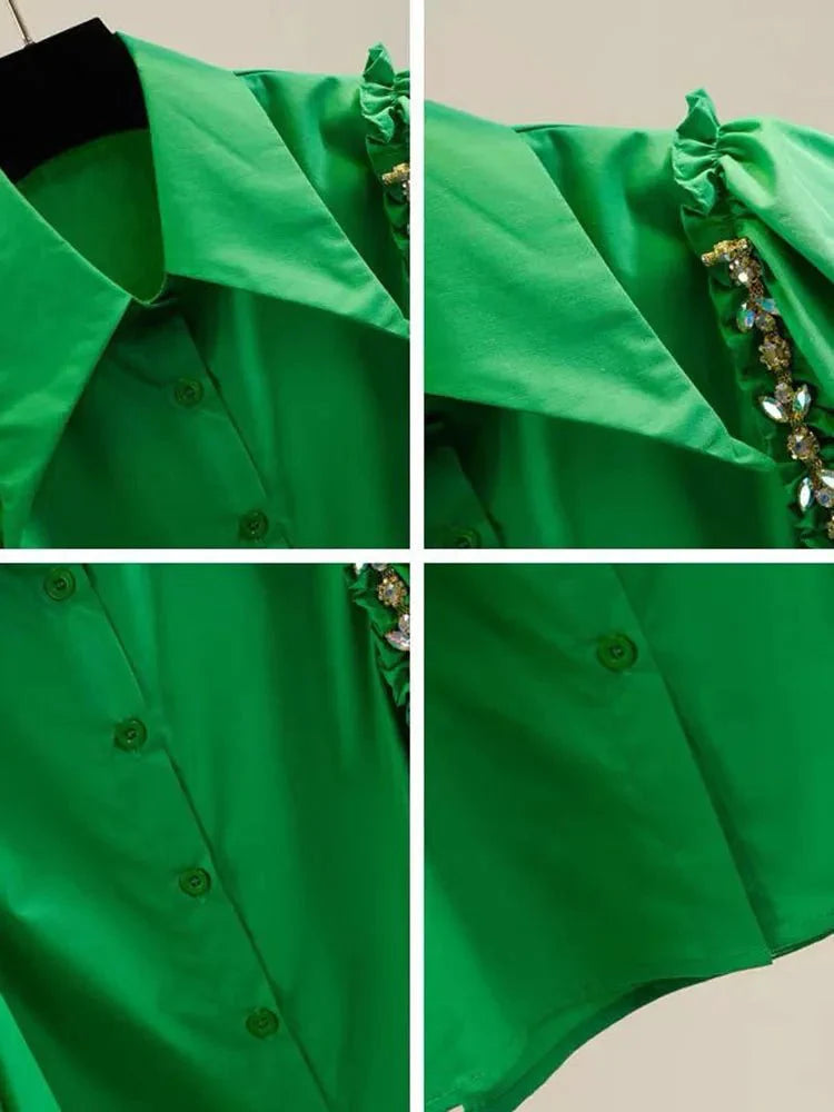 Puff Sleeve Diamond Inlaid Chain Decoration Irregular Shirt