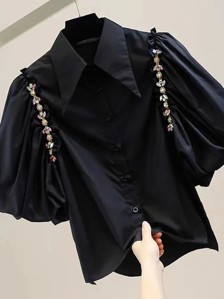 Puff Sleeve Diamond Inlaid Chain Decoration Irregular Shirt