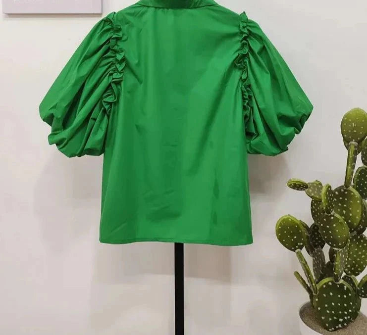 Puff Sleeve Diamond Inlaid Chain Decoration Irregular Shirt