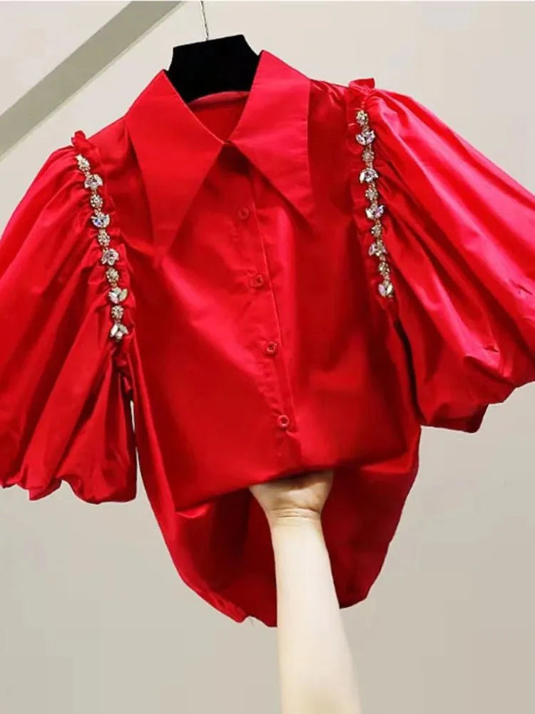 Puff Sleeve Diamond Inlaid Chain Decoration Irregular Shirt