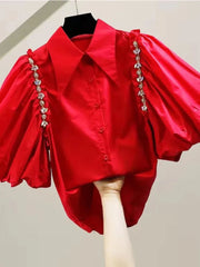 Puff Sleeve Diamond Inlaid Chain Decoration Irregular Shirt