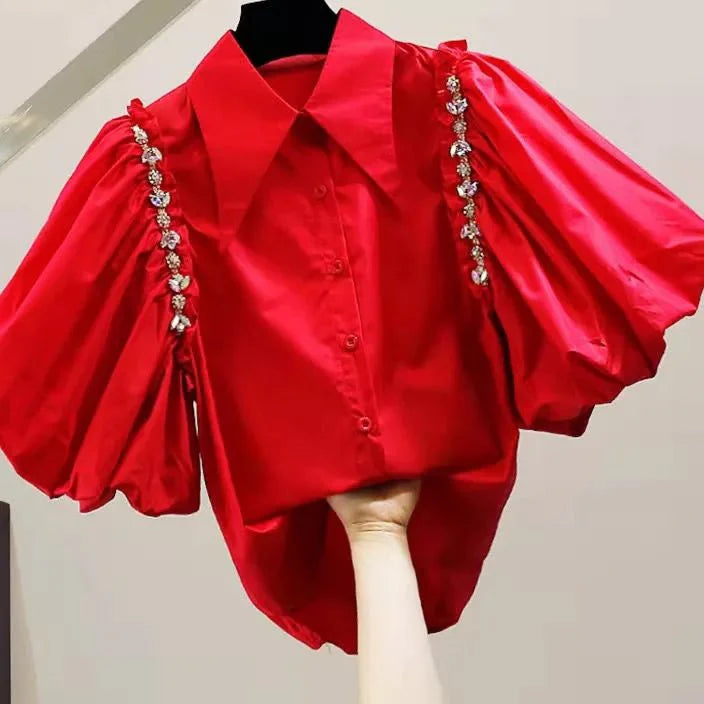 Puff Sleeve Diamond Inlaid Chain Decoration Irregular Shirt