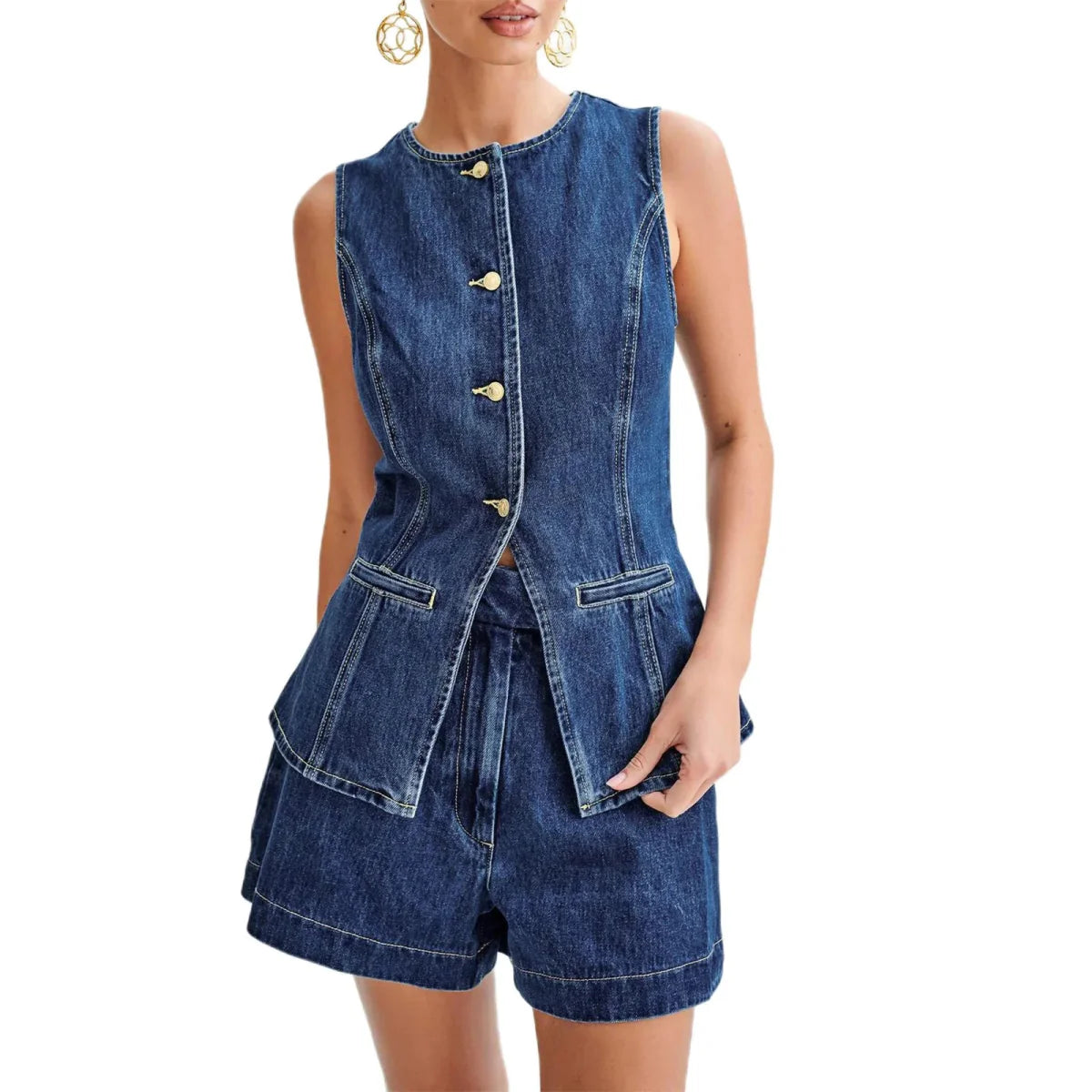 Round Neck Sleeveless Denim Tops
