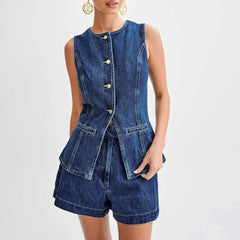 Round Neck Sleeveless Denim Tops