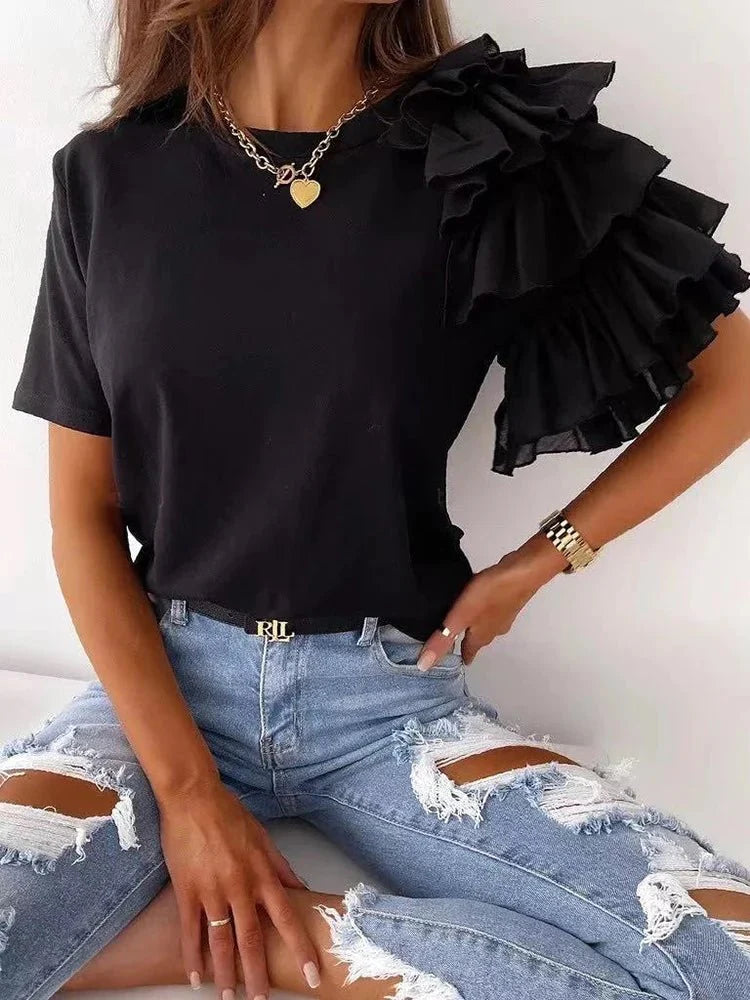 Ruffles Short Sleeve Casual Simple T-shirts
