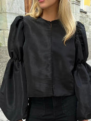 Satin O-Neck Lantern Sleeve Blouse