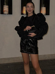 Satin O-Neck Lantern Sleeve Blouse