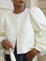 Satin O-Neck Lantern Sleeve Blouse
