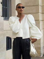 Satin O-Neck Lantern Sleeve Blouse