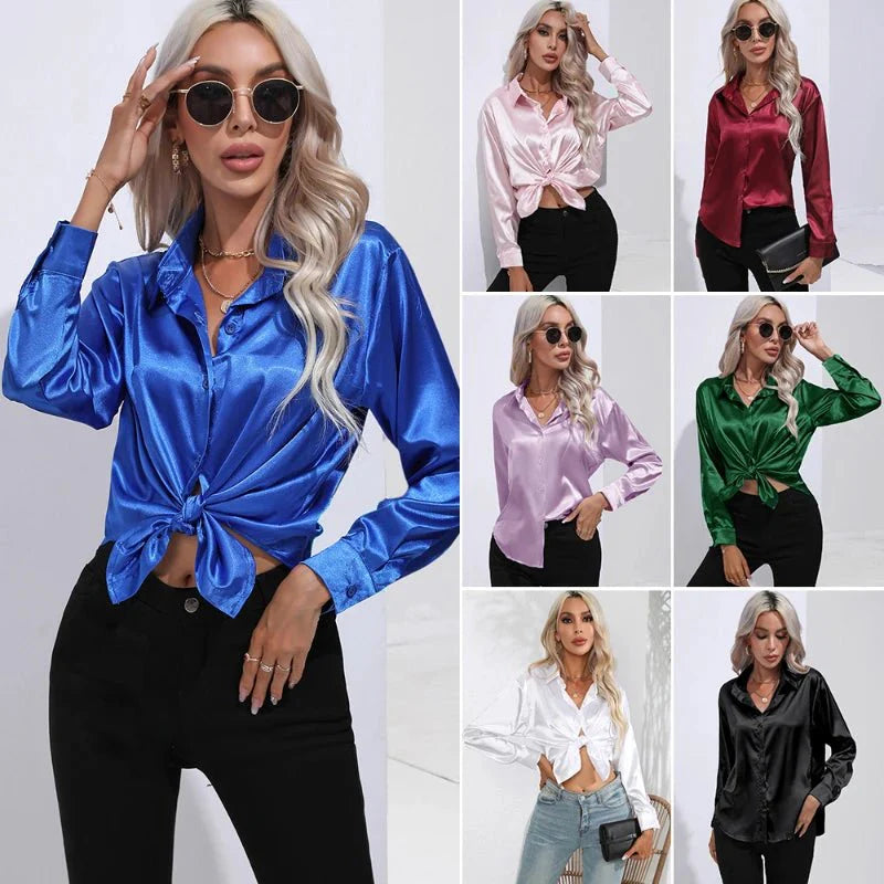 Satin Women Tops Blouses Long Sleeve Tops