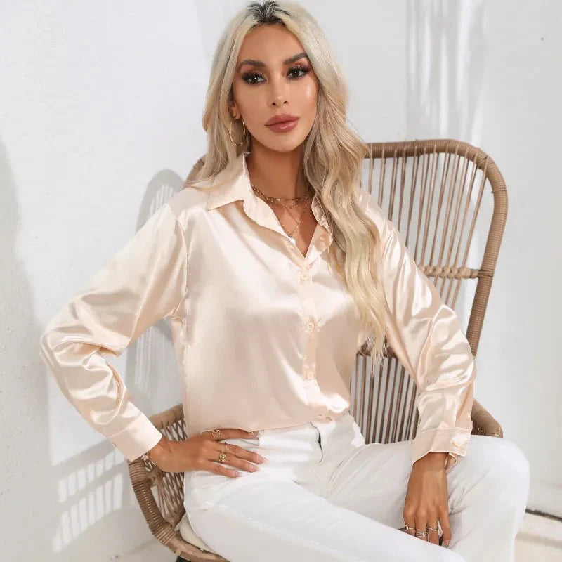 Satin Women Tops Blouses Long Sleeve Tops