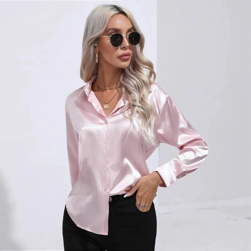 Satin Women Tops Blouses Long Sleeve Tops