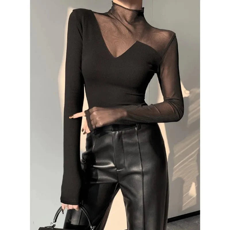 See-Through Mesh Turtleneck Slim Fit Top