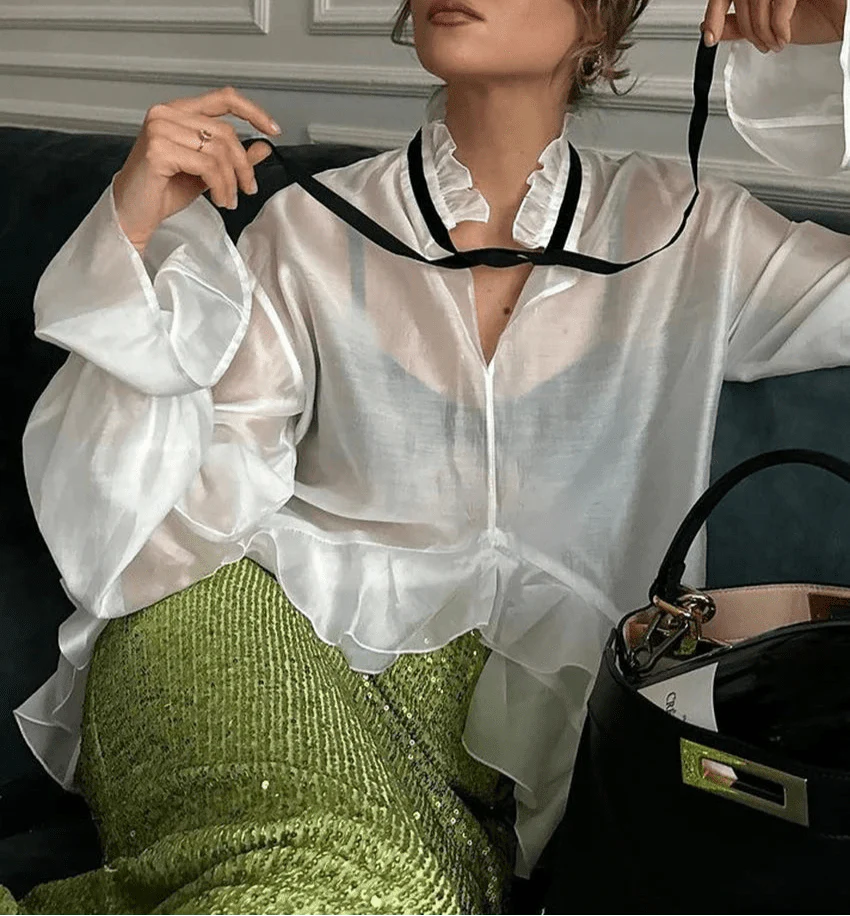 See-Through Ruffle Collar Loose Blouse