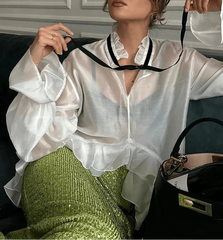 See-Through Ruffle Collar Loose Blouse