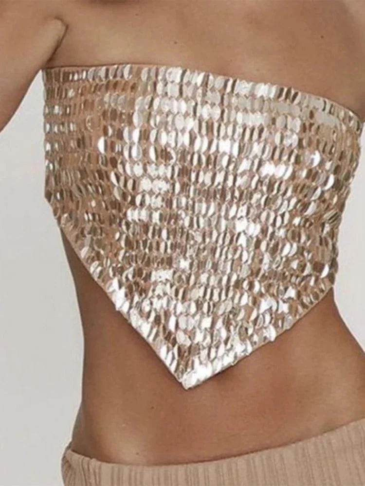 Sequin Strapless Lace-Up Crop Top