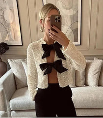 Sequins Bowknot Lace Up Cropped Glitter Cardigan