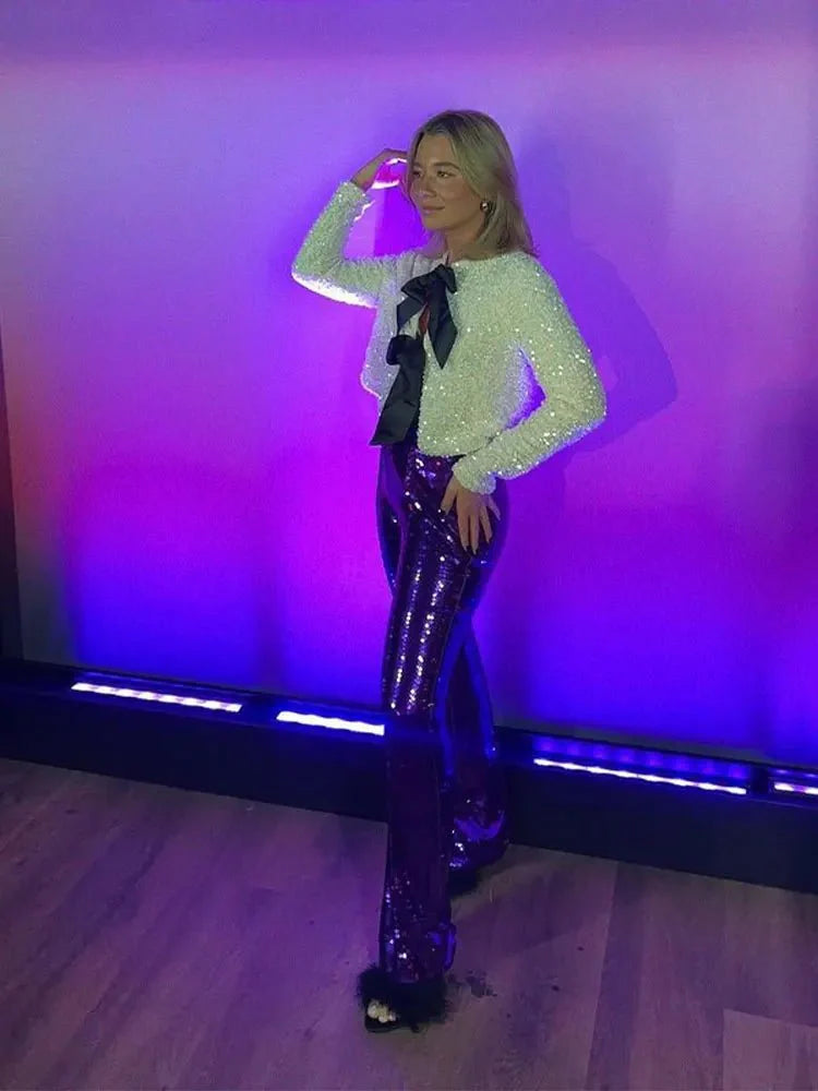 Sequins Bowknot Lace Up Cropped Glitter Cardigan