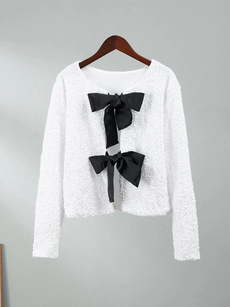 Sequins Bowknot Lace Up Cropped Glitter Cardigan
