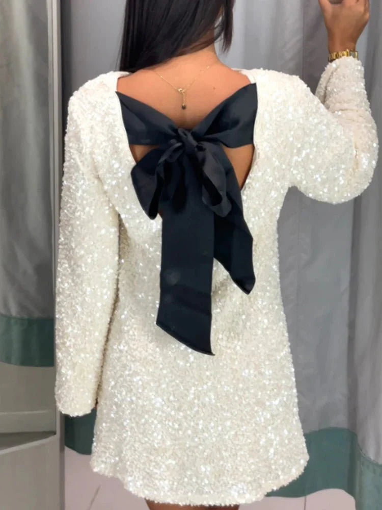 Sequins Bowknot Lace Up Cropped Glitter Cardigan