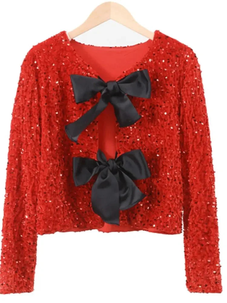 Sequins Bowknot Lace Up Cropped Glitter Cardigan