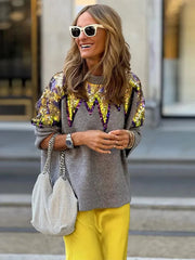 Sequins Glitter V Neck Long Sleeve Sweater Pullover