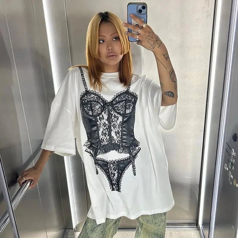 Short Sleeve Graphic Oversized White Long T-Shirts