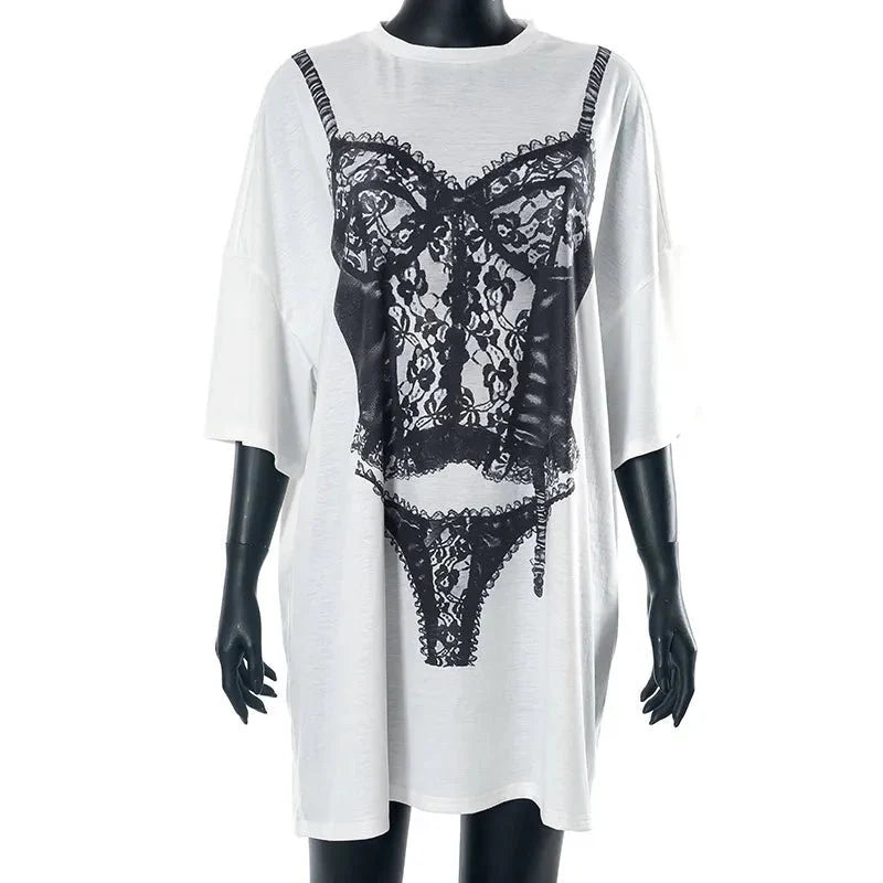 Short Sleeve Graphic Oversized White Long T-Shirts