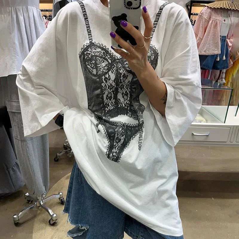 Short Sleeve Graphic Oversized White Long T-Shirts