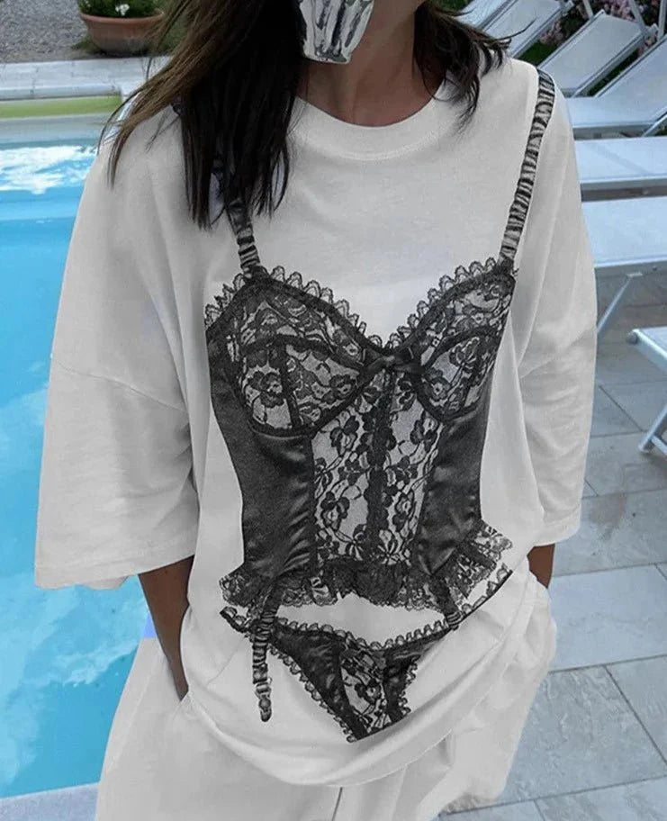 Short Sleeve Graphic Oversized White Long T-Shirts