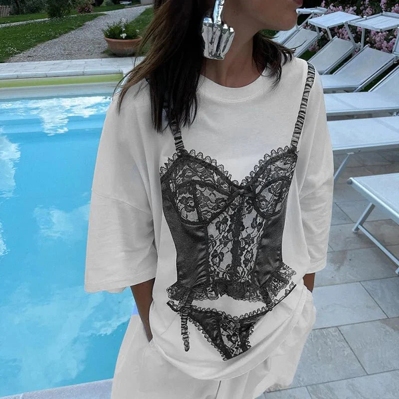 Short Sleeve Graphic Oversized White Long T-Shirts