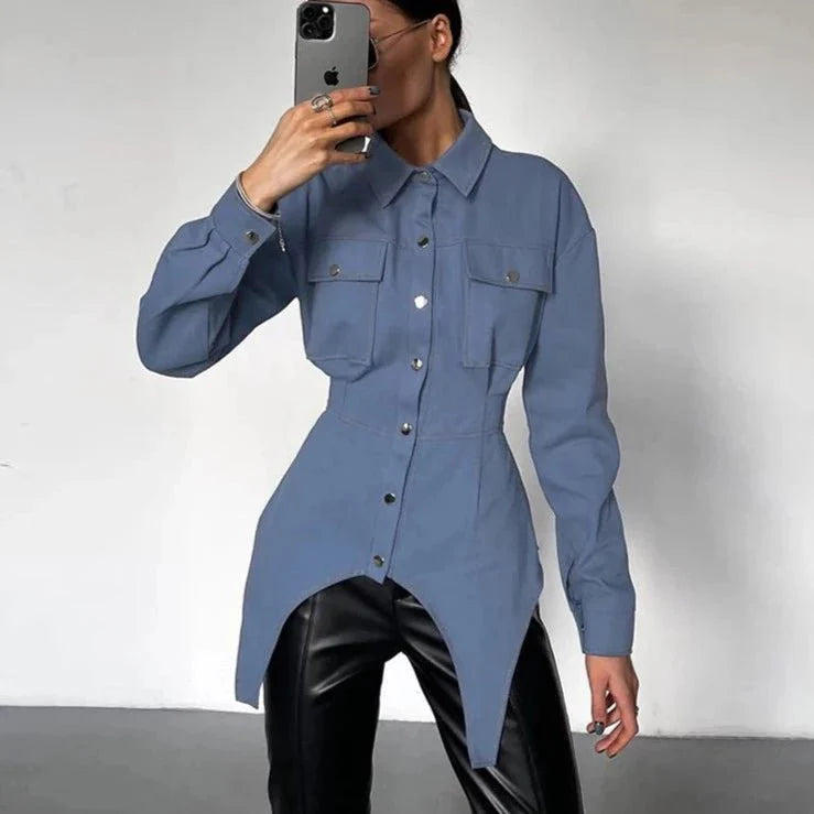 Slim Blue Bodycon Chic Pockets Shirts Tops