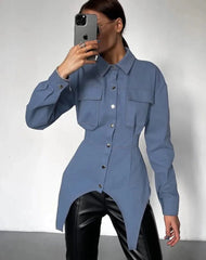 Slim Blue Bodycon Chic Pockets Shirts Tops
