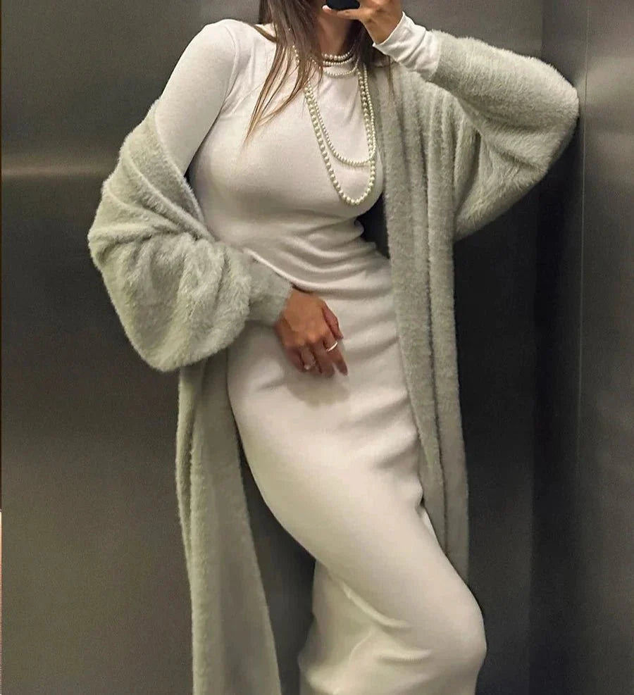 Soft Knitted Cardigan and Vest Midi Dress