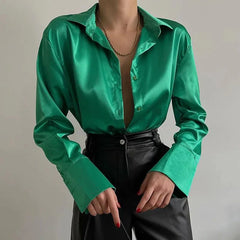 Soft Satin Shirts Tops Purple Green Blouses
