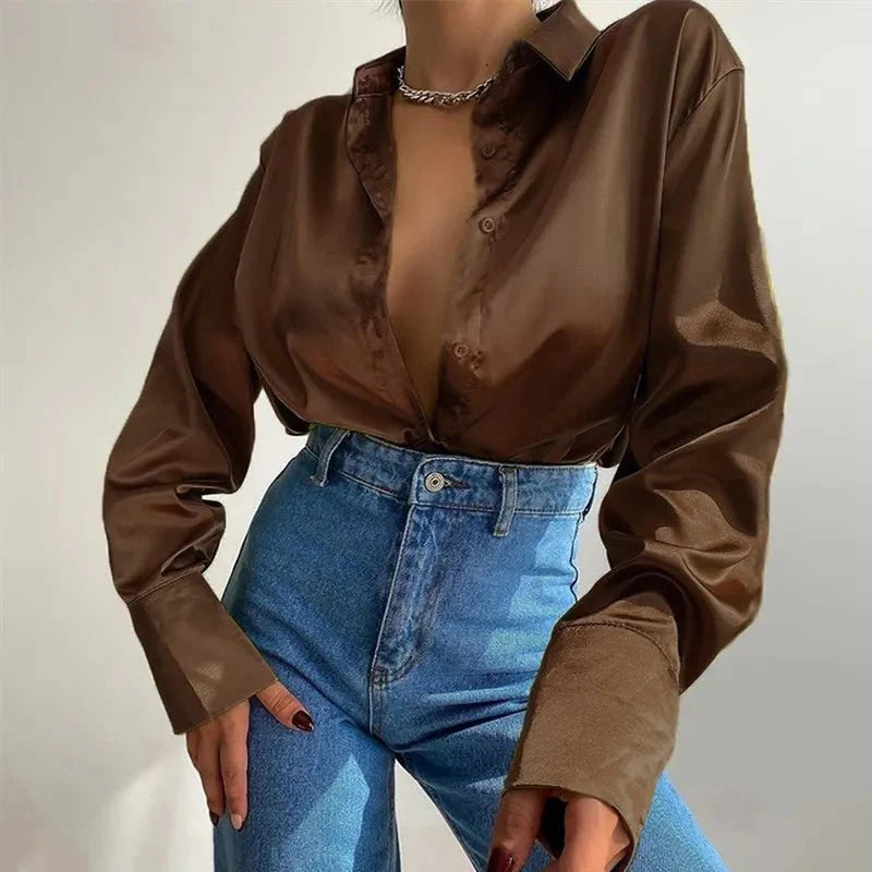 Soft Satin Shirts Tops Purple Green Blouses