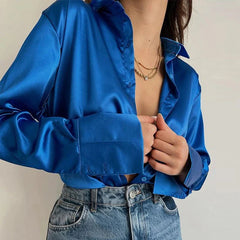 Soft Satin Shirts Tops Purple Green Blouses