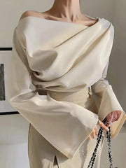 Solid Color Boat Neck Pleated Top