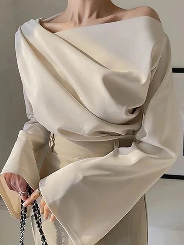 Solid Color Boat Neck Pleated Top
