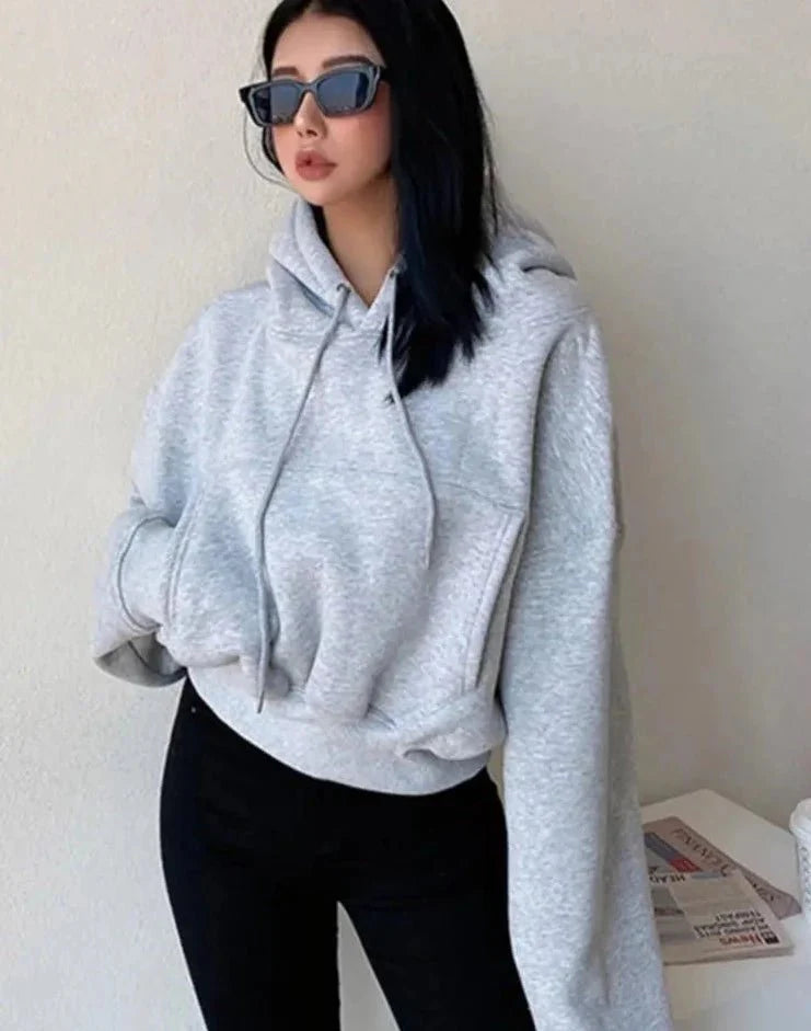 Solid Fleece Hooded Clothing Long Sleeve Tops Loose Pocket Sweatshirt Female Casual Pullover