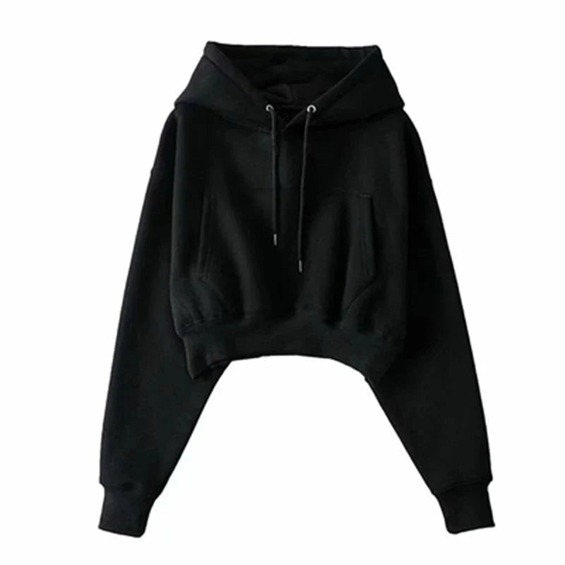 Solid Fleece Hooded Clothing Long Sleeve Tops Loose Pocket Sweatshirt Female Casual Pullover